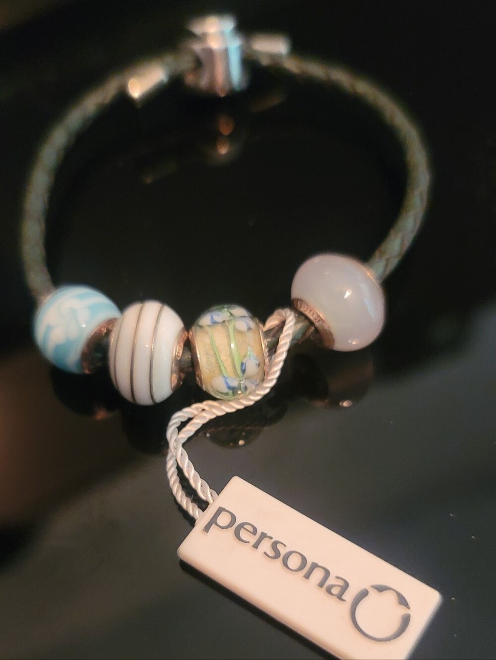 Authentic Vintage Persona Leather Bracelet~925 Sterling Silver & Murano Beads